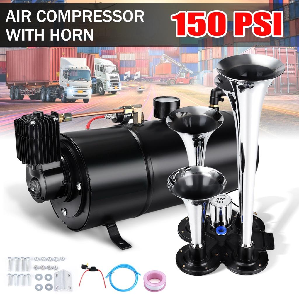 3L 150PSI Air Horn 150 BD Air Compressor and 4 Trumpet Chrome for Truck High Pressure Air