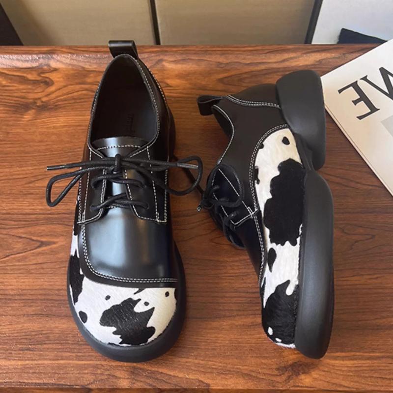 Fashion British Style Leopard Print Thick Bottom Leather Shoe Women Fashion Stitching Lace Up Design Loafers Haussures Femme Confortable