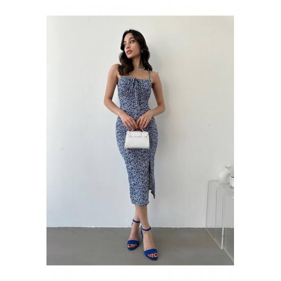 Letnia wzorzysta sukienka damska z kołnierzykiem, sznurowanym paskiem i rozcięciem