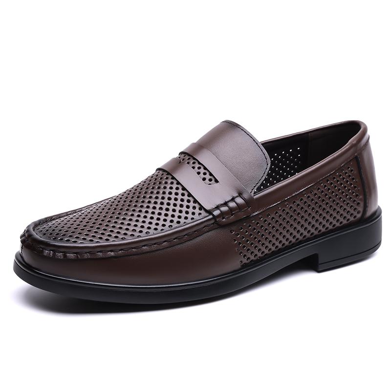 Fashion Brand Comfortable Round Toe Business Casual Leather Shoes Summer New Men Top Layer Cowhide Hollow Breathable Bean Shoes