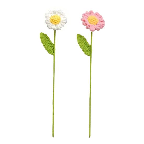 Crochet Flower with Leaves Handmade Knitting Yarn Floral Decoration Home Office Table Centerpiece Mother's