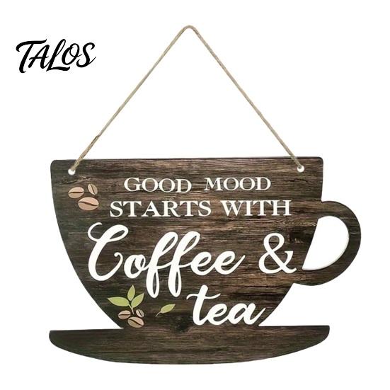 Rustic Home Wall Decor Wooden Coffee Bar Signs, Themed Hanging Sign, Cup Cafe Accessories Shape & Round Wood Plaque for Farmhouse Kitchen Corner