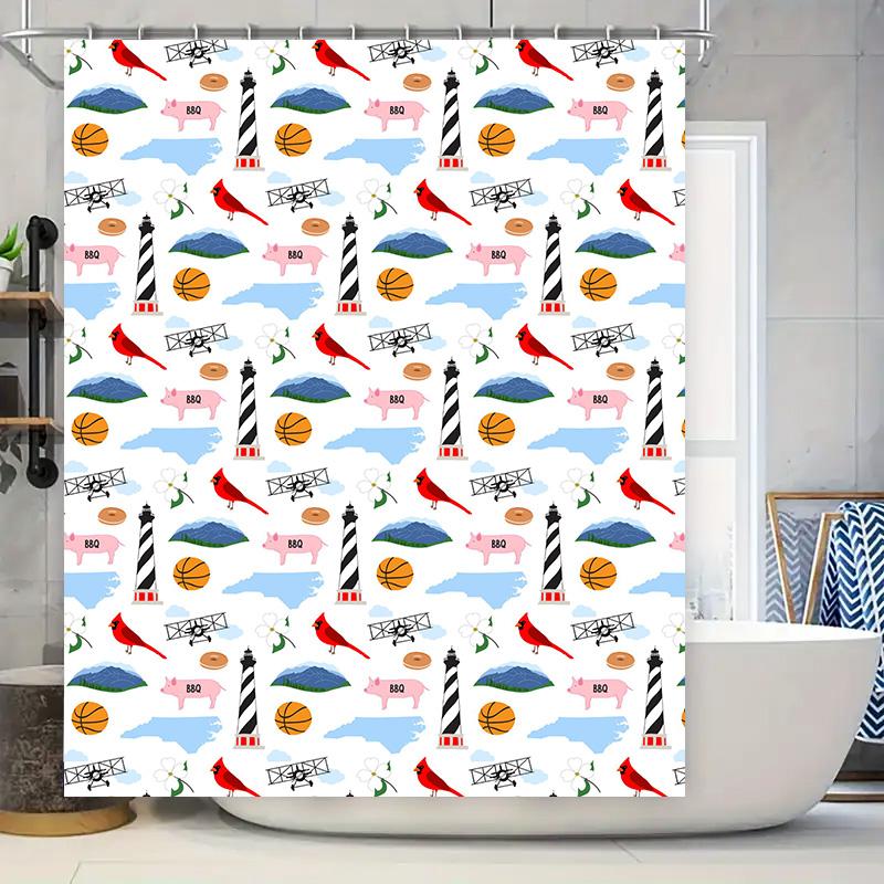 Blue and White Shower Curtain Decorative with Various Patterns including Black White Lighthouses, Red Cardinals, Pink Hogs, Airp