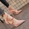 Nieuwe kruisband Romeinse sandalen Suède hoge hakken Damesschoenen Eenlijns gesp Fijne hak Puntige sandalen Zapatos De Mujer