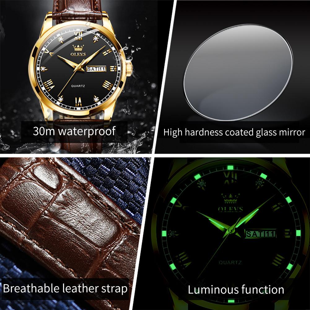 OLEVS 6896 Original Quartz Watch for Man Fashion Simple Leather Strap Calendar Waterproof Luminous Business Men's Watch