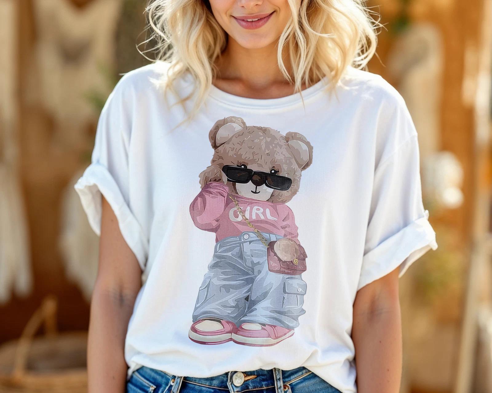 Trendy Teddy Bear Girl T-Shirt – Cute Streetwear Fashion Graphic Tee A130 S