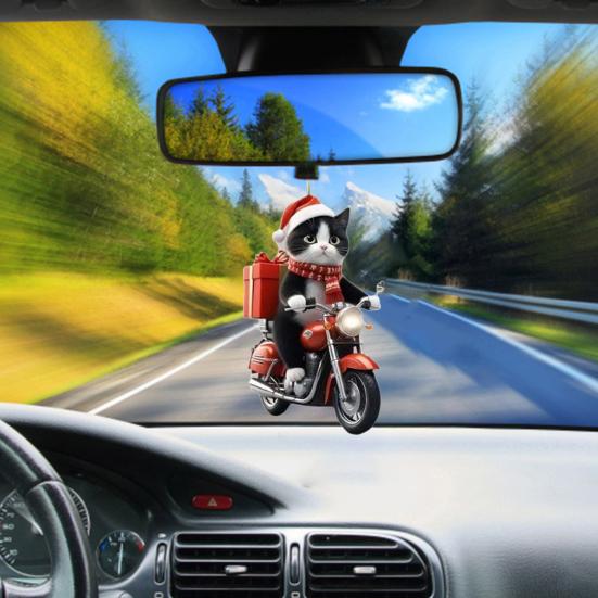 Motorcycle Cat Acrylic Hanging Decoration Home Indoor Christmas Tree Car Rearview Mirror 2D Flat Riding Kitten Hanging Ornament Cartoon Animal Pendant