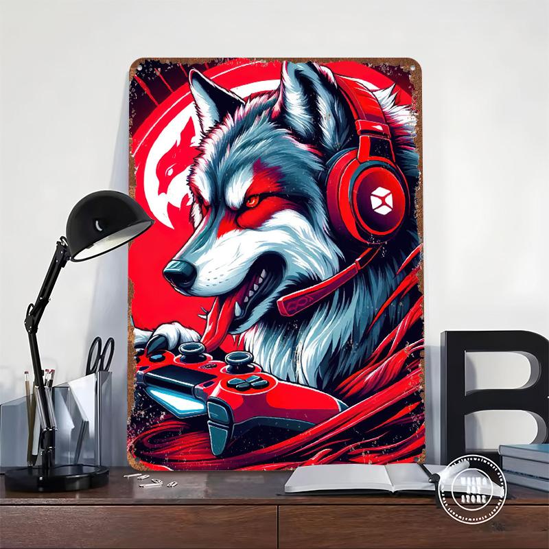 Wolf Gamer Headset Tin Plaque Poster Customized Wall Art Retro Vintage Metal Signs for Man Cave Home Decor Living Room Wand Deko