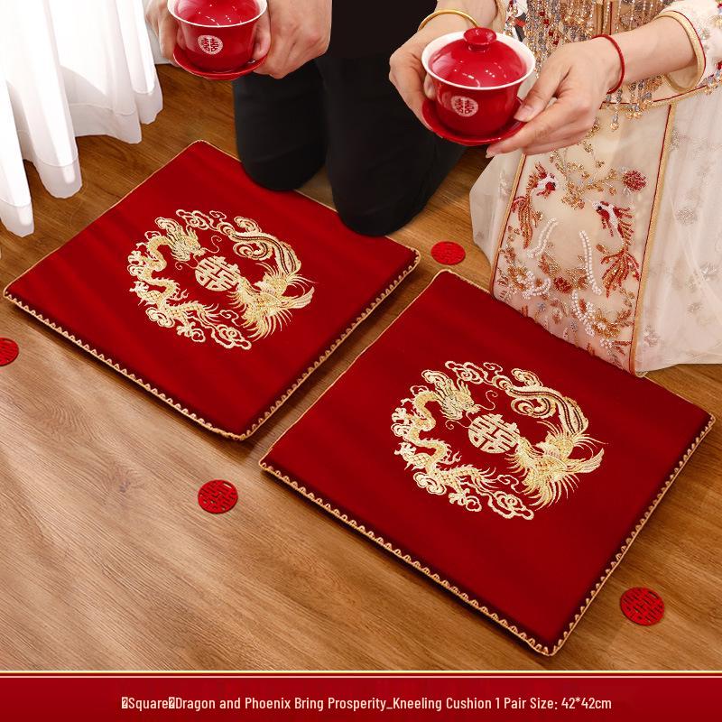 Red Double Happiness Wedding Ceremony Kneeling Cushions Set for Bride – Perfect for Tea Ceremony and Special Occasions