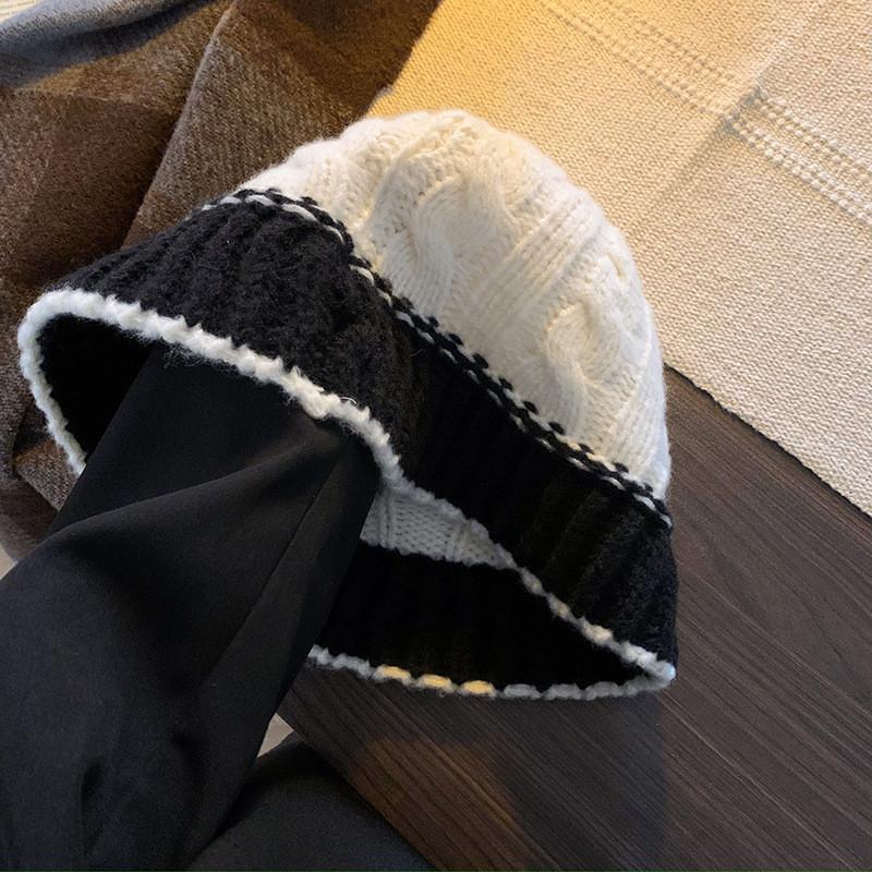 Black Knitted Fisherman Hat Women's Winter Korean Style Fashionable Wide Brim Cap