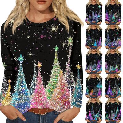 Long Sleeve Shirts For Women Cute Print Graphic Tees Blouses Dressy Casual Blouses Pleated Scooped Neck Tunic Tops Christmas