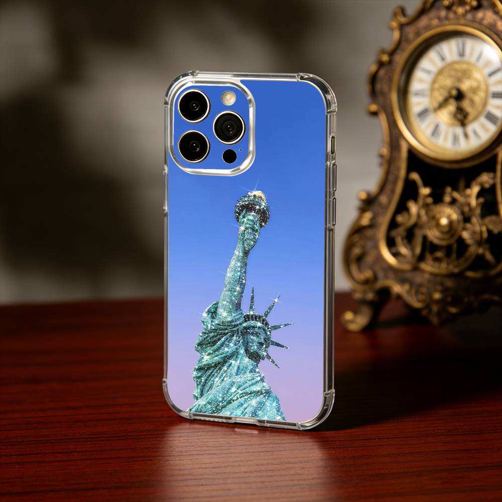 Statue L-Liberty America USA Flag Phone Case For iPhone 17 16 15 14 13 12 11 Mini Pro Max Plus Transparent Cover