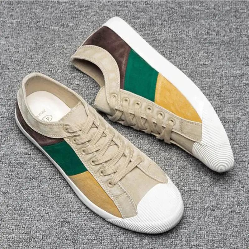 Men Colorblock Canvas Shoes Breathable Casual Shoes Loafers Soft Comfortable Outdoor Flat Shoes Male Lace-Up Plimsolls