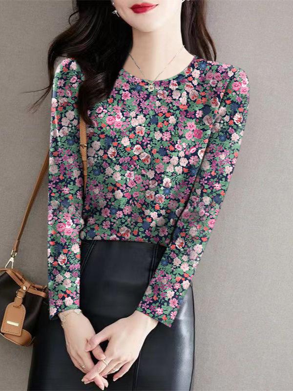 Women's Floral Long-Sleeve Milk Silk Top for Autumn/Winter, Ideal for Middle-Aged and Elderly.