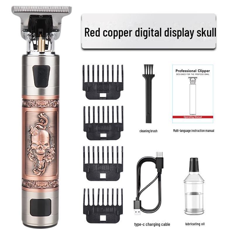 T9 Digital Display Skull Head Hair Clipper: USB Rechargeable, Zinc Alloy Trimmer for Precision Shaving and Carving.