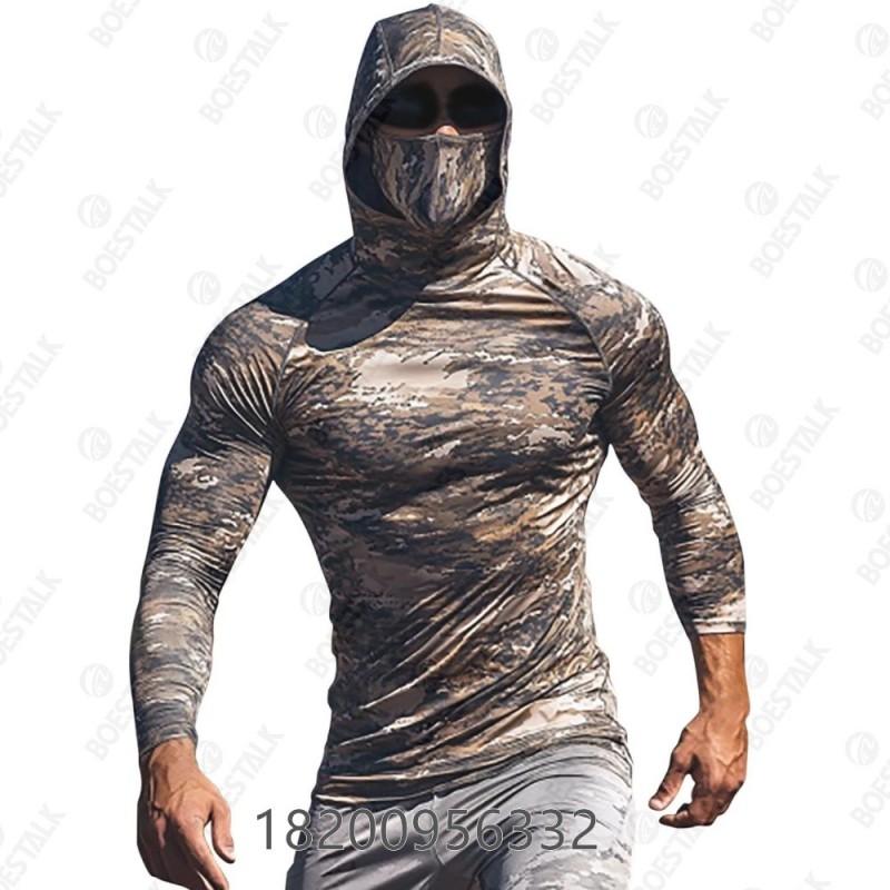 Mens Camo Fishing Shirt UPF50 Sun Protection Hooded Mask Quick Dry Wear