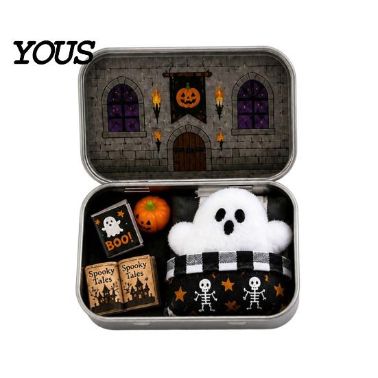 Halloween Candy Storage Mini Tin Box Gift, Plush Ghost with Haunted House Cabin Illustration Scene, Collectible Micro Theater Gift for Kids,