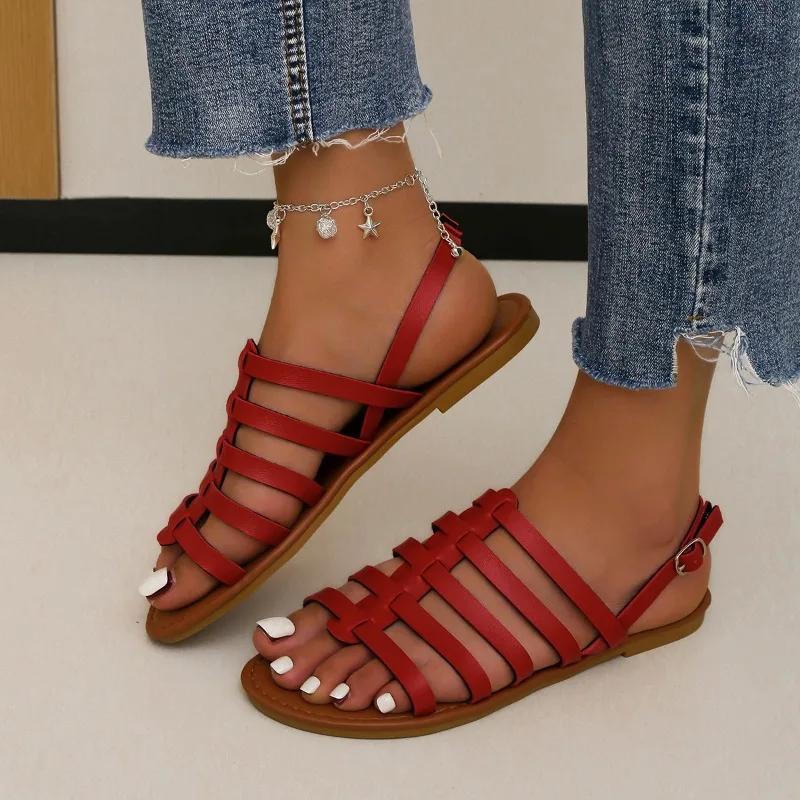 Mode Damenmode Sandalen mit weicher Sohle Sommer Neu Runde Zehenpartie Offene Zehenpartie Dünner Riemen Rutschfest Abriebfest Flache Schuhe