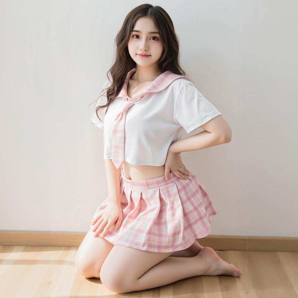 [lTUTlOrz] Sailor Uniform Plus Size School Uniform Cosplay Pink Top and Bottom Set Sexy Mini Skirt Short Sleeve Cute Ladies (S-XL)