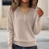 Women's Fashion V-Neck Button-Front Long-Sleeved Knit Top Solid Colour Loose-Fit Blouse