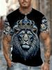 Men'S Printed Short Sleeve T-Shirt - Lion with Crown Design, Polyester, Breathable & Comfortable, Casual Wear Men'S Stylish Casual Round-Neck