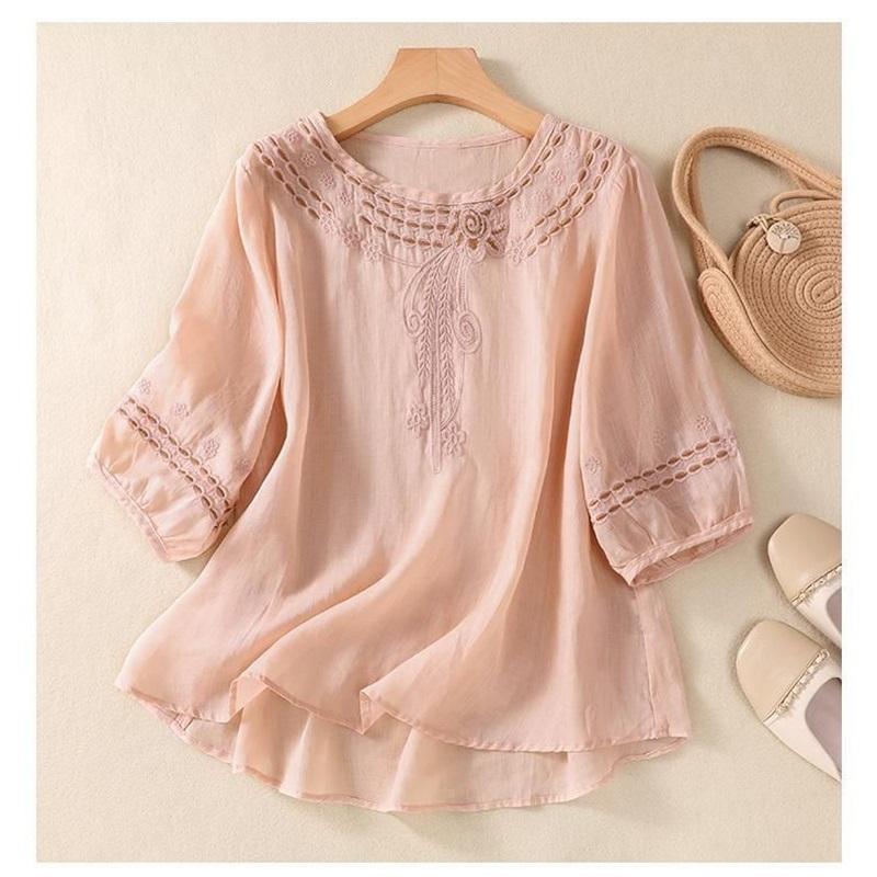 Women's Linen Blend 2-Piece Outfit Embroidered Half Sleeve Top & Wide Leg Pants Casual Set