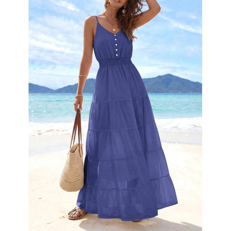 Europe, America 2026 Summer New Simple High Waist and Thin Casual Beach Vacation Suspender Dress