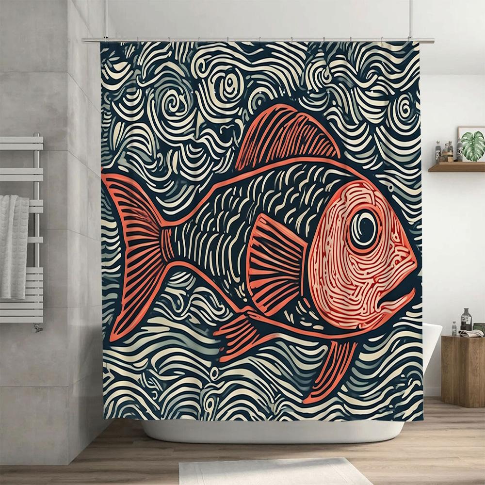 Vibrant Fish Shower Curtain Modern Bathroom Decor With Waves Pattern Perfect For Bathrooms Vanities Black Orange Red Fabric Prin