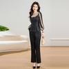 Women's Spliced Blouse & Straight Pants Casual Set