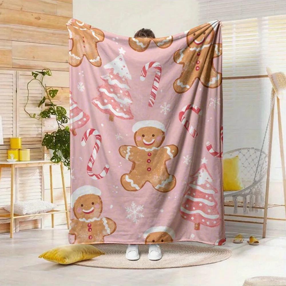 Blush Pink Christmas Tree Deer Throw Blanket Cozy Winter Snowflake Flannel Blanket for Couch Bed Decor