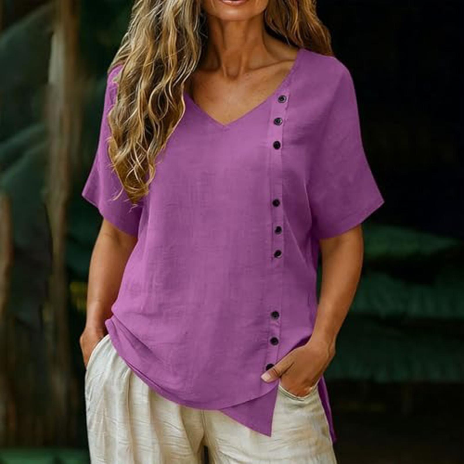 

Women s V-neck Cotton And Linen Buttoned Short-sleeved T-shirt Top L фіолетовий