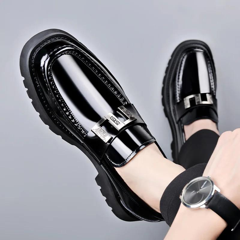 FashionDesigner New Thick Soled Bright Metal Men's Loafers Fashion Square Head Leather Lightweight Slip-on Retro Plus-size Man Shoes