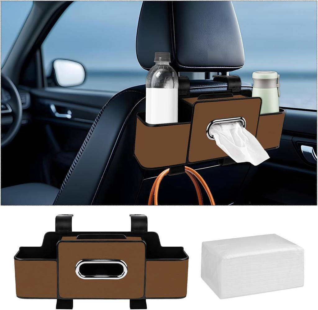 Car rear seat storage bag with tissues, car seat rear tissue box and storage hook, multi-functional car storage bag