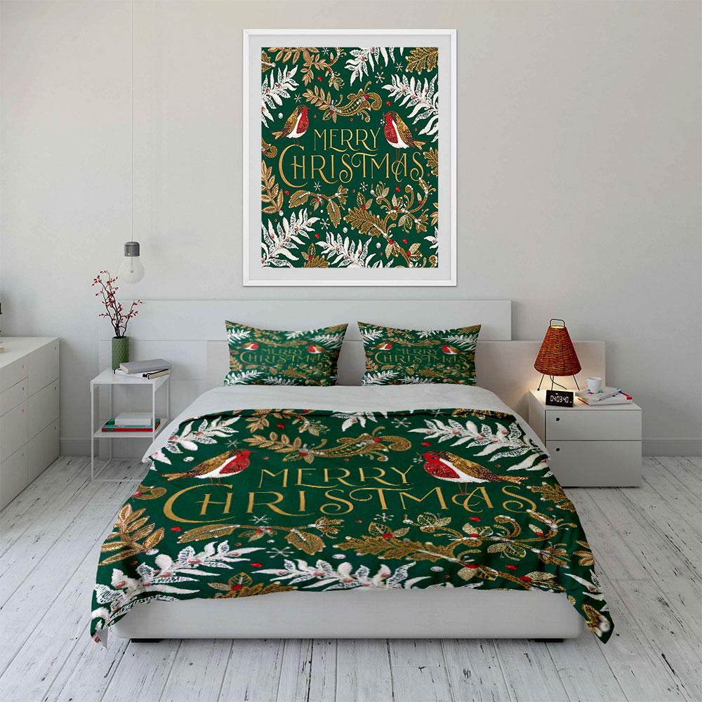 Christmas Birds and Leaves Print Bedding Duvet Cover Set Duvet Cover Pillowcases  (1*Duvet Cover 2*Pillowcases, without duvet insert)
