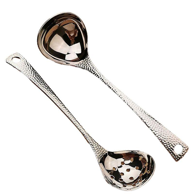 A20F-2Pcs Soup Ladles Filtering Ladle Soup Colander Strainer Scoop Skimmer Slotted Spoon Long Handle Stainless Steel