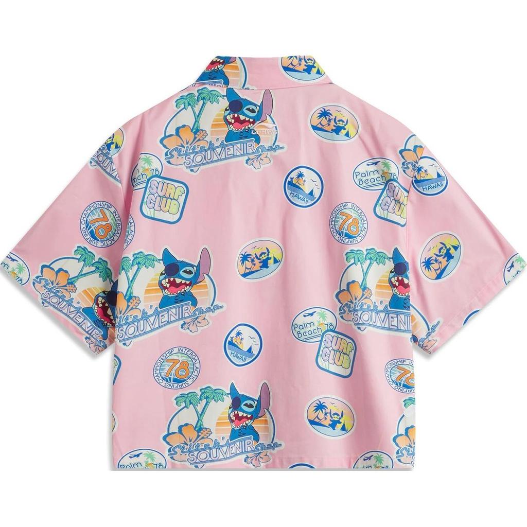 Li Ning X Disney Collaboration Stitch Series Comfortable Casual Cartoon Print Simple Loose Short Sleeve Shirt Women Shirts Pink ASHU244-4