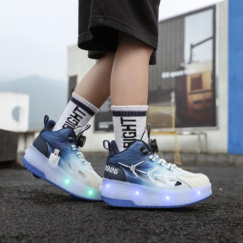 A1RW7V Kids' Retractable Double-Wheel Skating Shoes - Breathable Inline Roller Sneakers for Boys