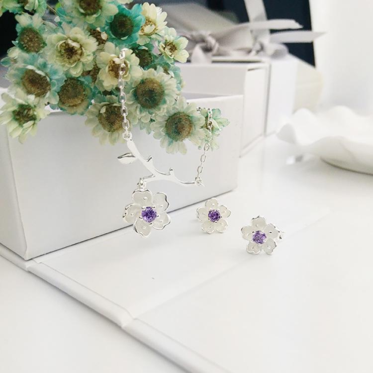 Silver Cherry Blossom Branch Necklace - Simple Flower Pendant for Women