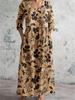 Ladies Light Gray Washed V-neck Seven-quarter Sleeve Long Dress Hem Flower Embroidery Loose Pleated Side Holiday Dress