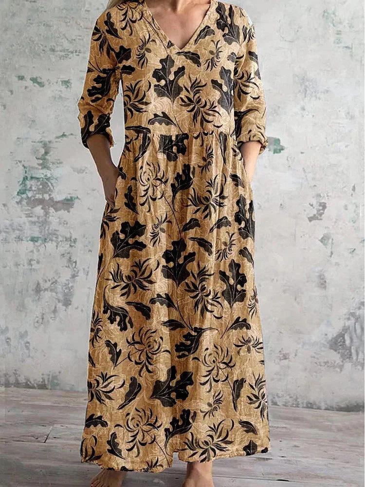 Ladies Light Gray Washed V-neck Seven-quarter Sleeve Long Dress Hem Flower Embroidery Loose Pleated Side Holiday Dress