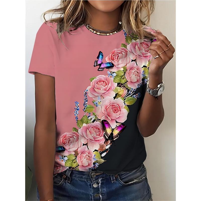 Camiseta com gola redonda e estampa de borboleta e rosas azuis, camiseta casual de manga curta para primavera e verão, roupas femininas