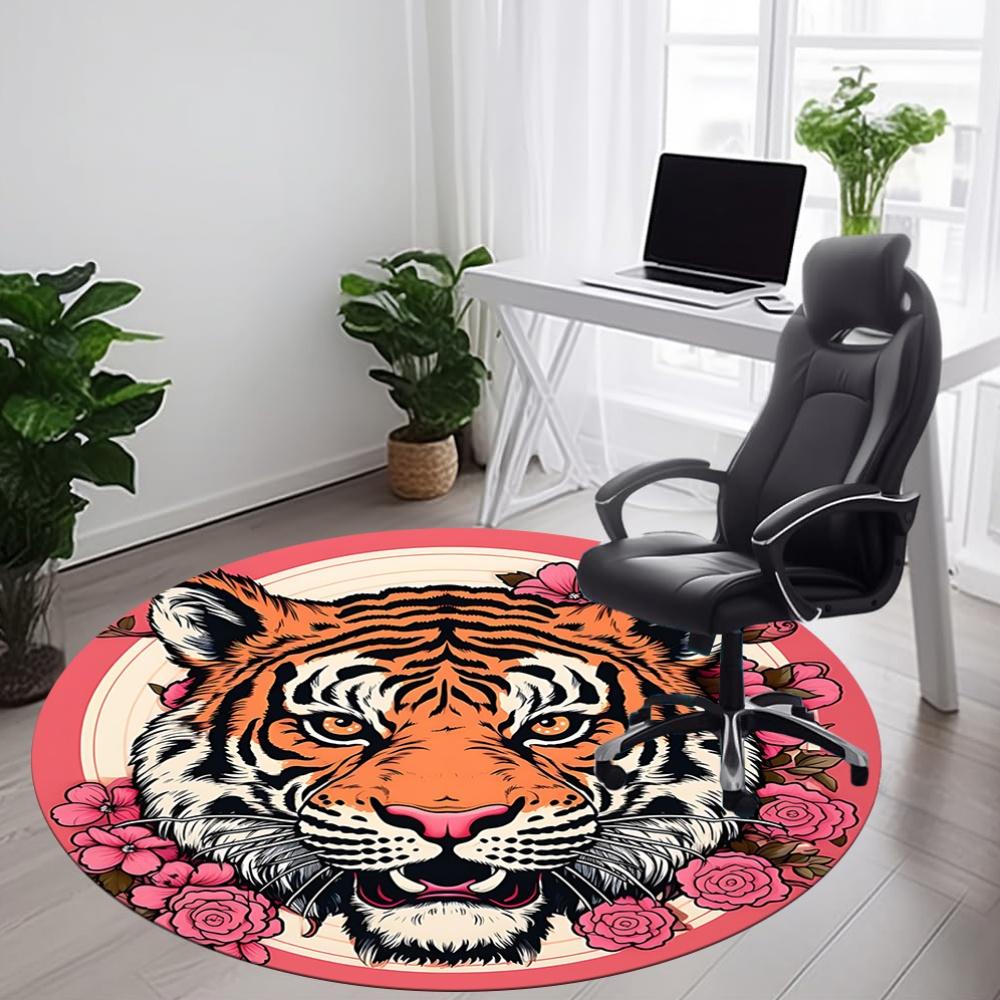 1pc Tiger Flowers Office Round Area Rug, Indoor Mat Suitable For Office, Under Office Chairs Bedroom Living Room Home Decor, Room Deco