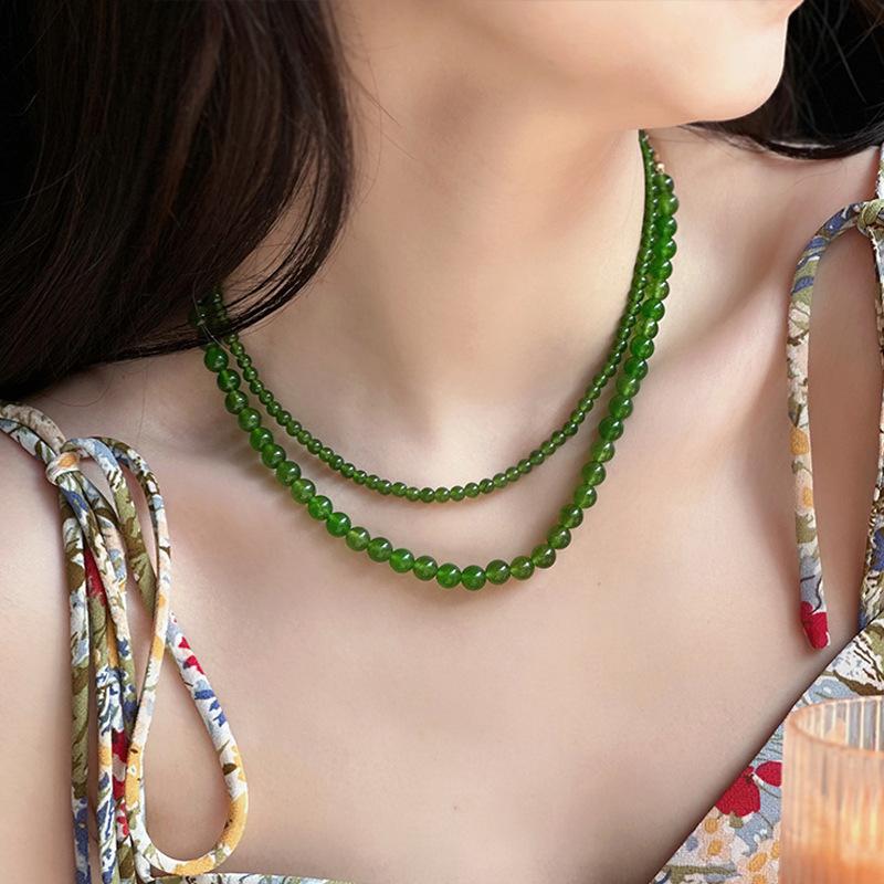 Green Chalcedony Beaded Jasper Necklace High Sense Spring And Summer New Chinese Clavicle Chain Stainless Steel Ingot Buckle Neck Chain Female