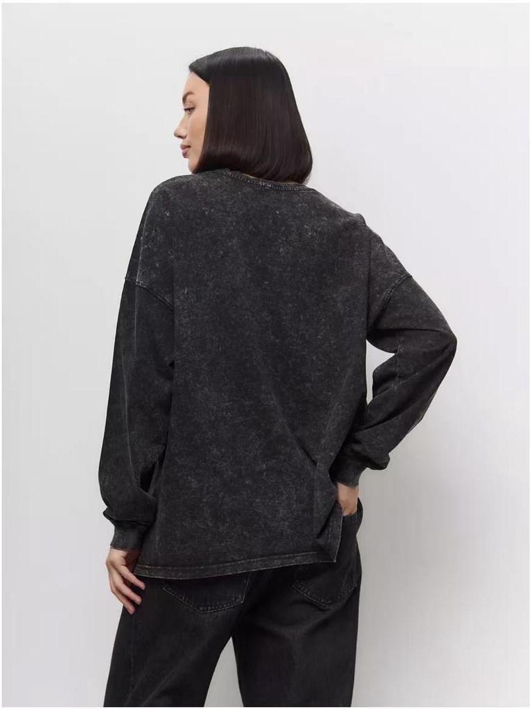 Vintage European-American Style Black Cotton Print Long Sleeve Slimming T-Shirt for Women