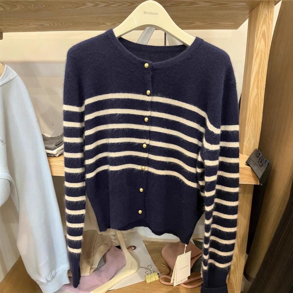 Women's French-Inspired Loose Fit Pure Wool Knit Cardigan with Gold Buttons and Round Neck Sweater