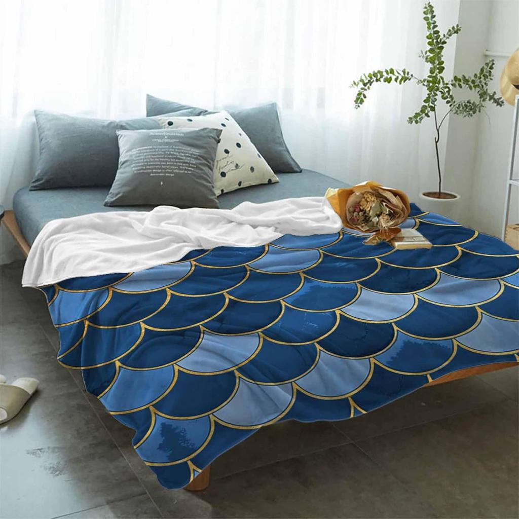 Mermaid scale blanket blue gold fish pattern fantasy design soft throw ocean decor bedroom textile magical home accessory