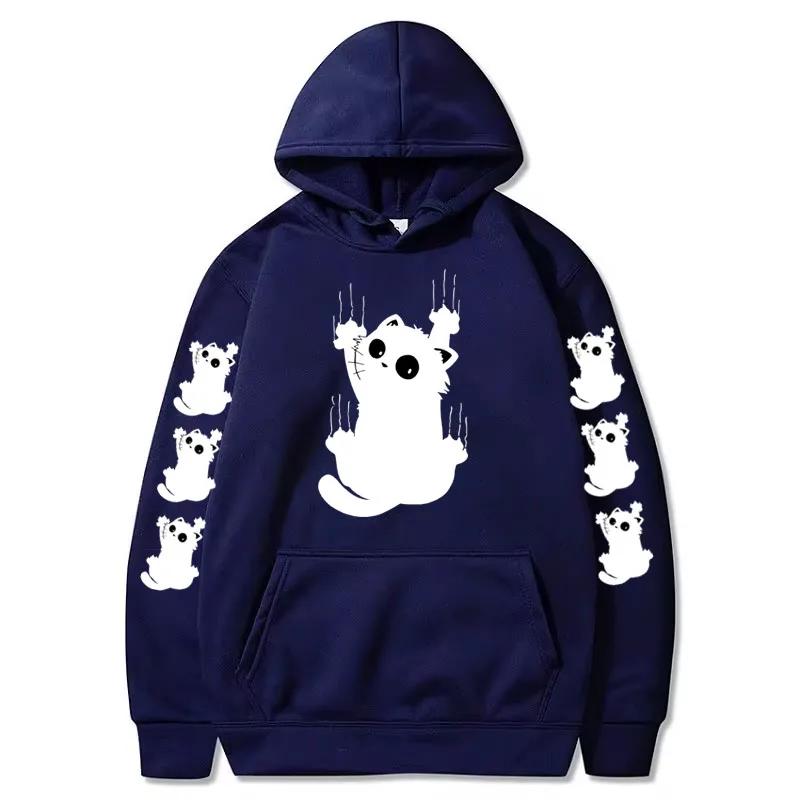 Autumn Winter Women Funny Cat Print Hoodie Casual Drawstring Hooded Long Sleeve Pocket Sweatshirt Cat Women's Clothing