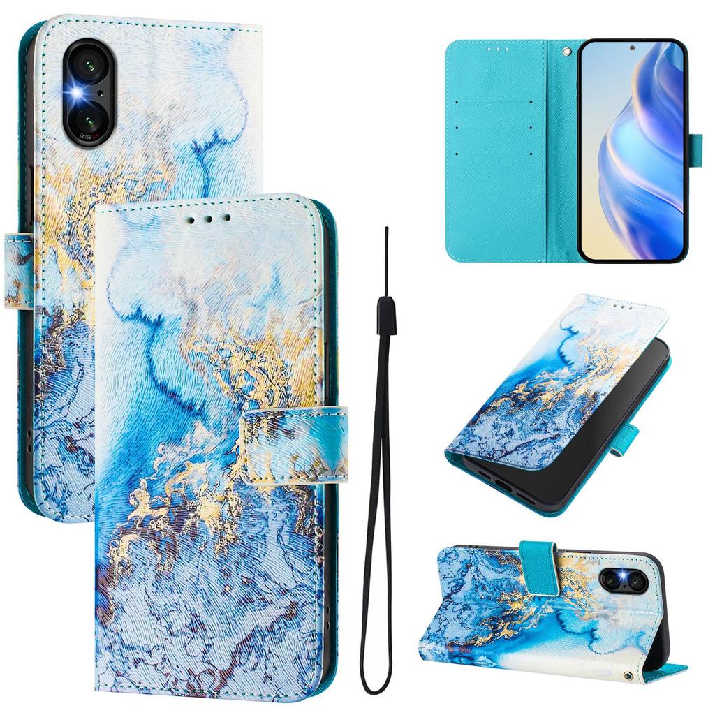 Ozeanfarbener Marmor Luxus Bemaltes Lederetui Brieftasche Buchstil Hülle für Sony Xperia 5 IV / 10 IV ,Xperia 1 V / 5 V / 10 V,Xperia 1 VI,5 VI,10 VI.