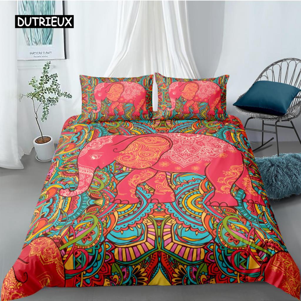 Elephant Duvet Cover Set Bohemian Style Decorative Quilt Cover Set Soft Microfiber Double Queen King Size Polyester Bedding Set