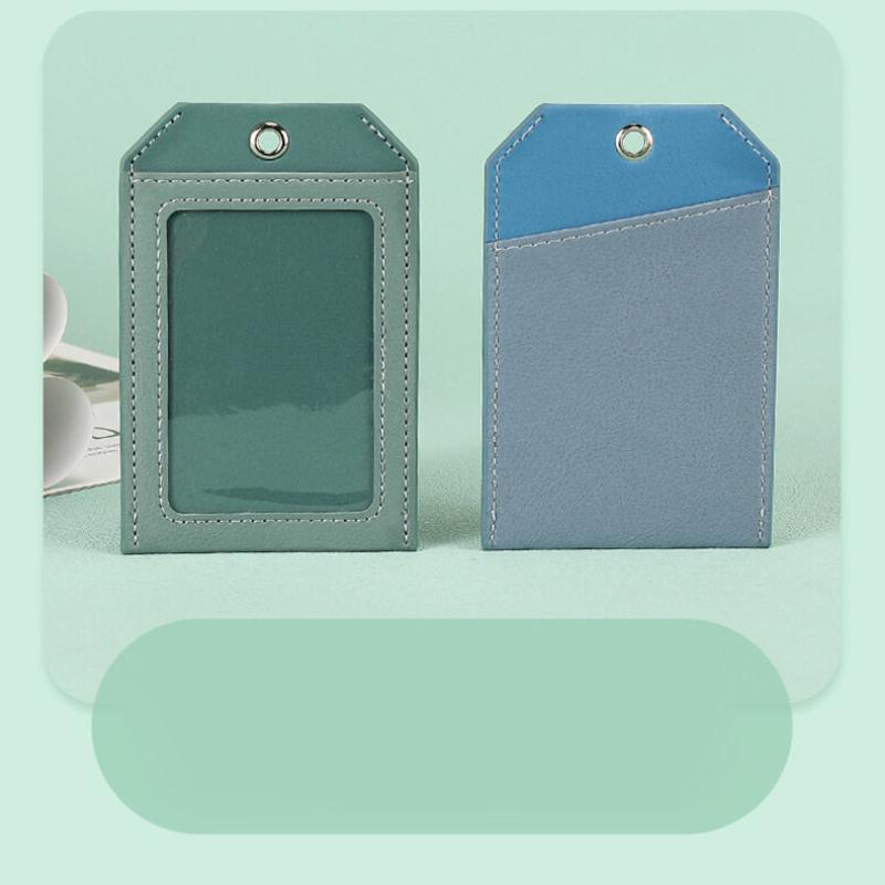 2 Card Slot Employee Work ID Card Set Hanging Rope PU Leather Bus Meal Card Chest Badge